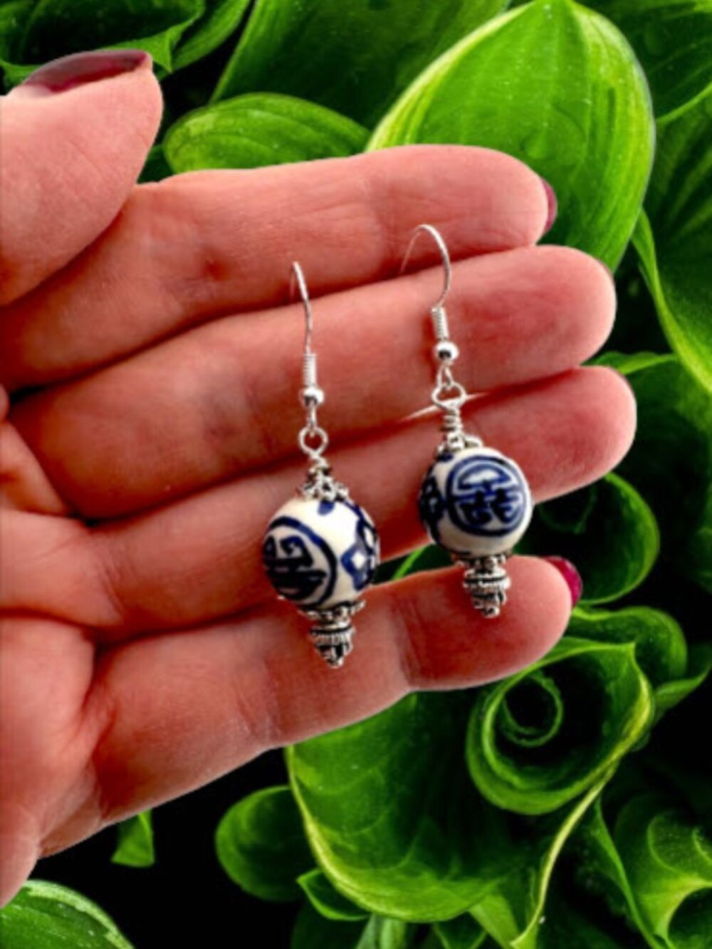 Blue White Porcelain Earrings Surgical Stainless Steel Handmade Dangle 2" Drop